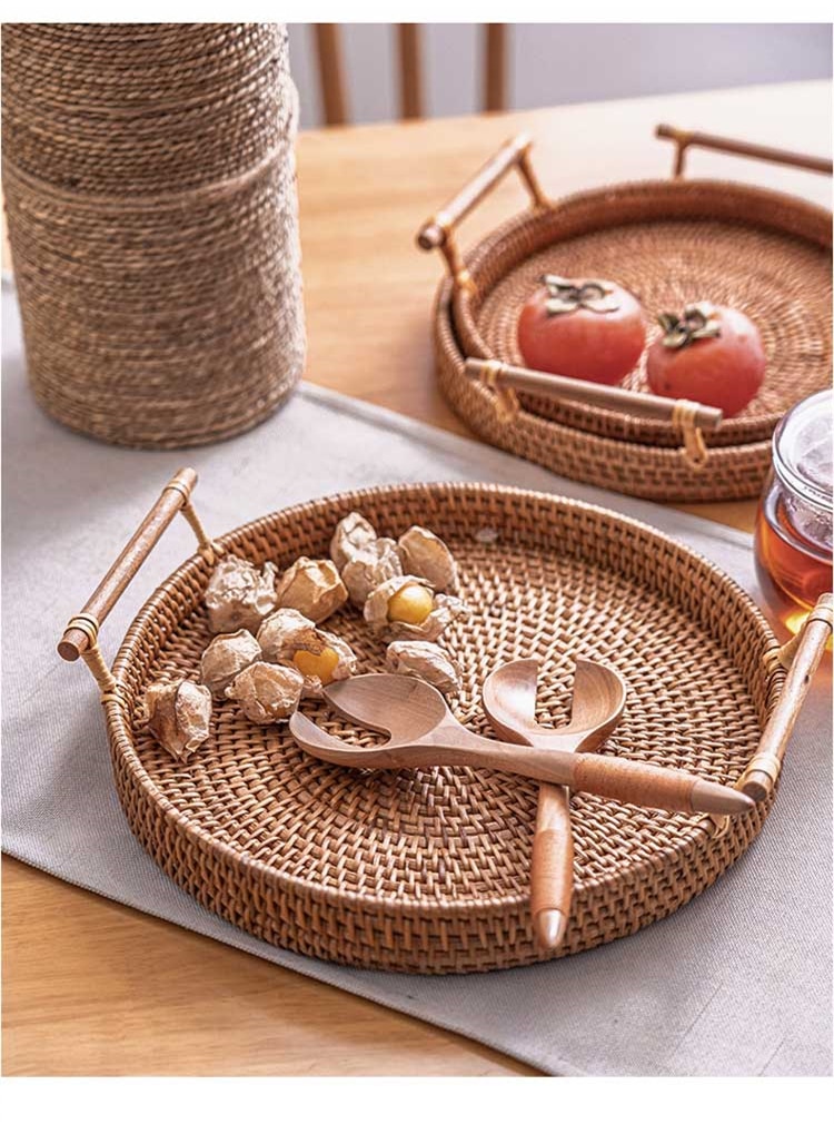 Woven Rattan Tray with Wooden Handles - Image 6